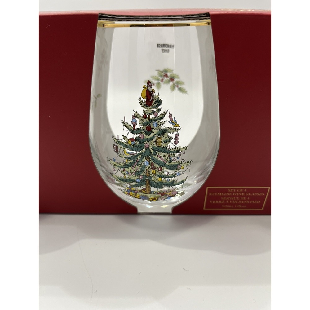 Spode Stemless (So4) Wine Glasses Classic Christmas Tree Gold Rim NIB Nice‎ Gift
